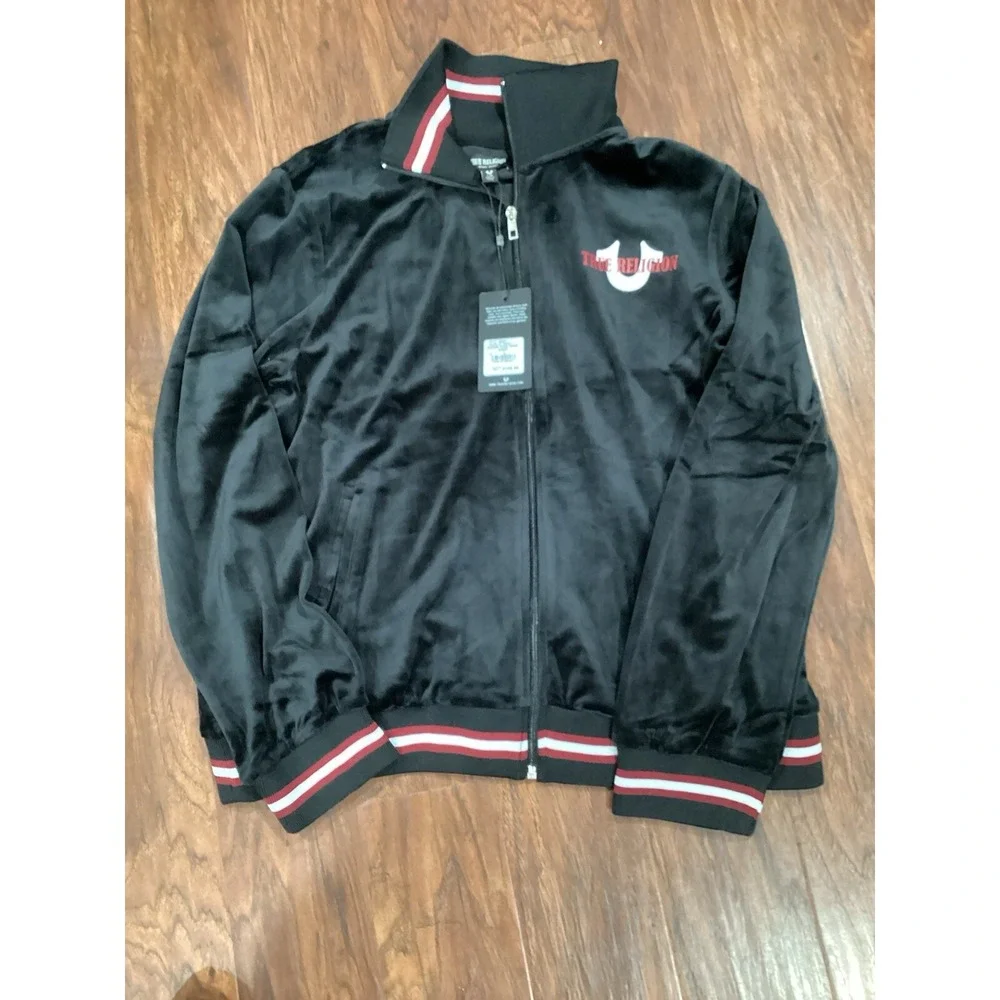 True Religion  Velour Tour Track Jacket Jet Black Size L Full Zip $139 Value